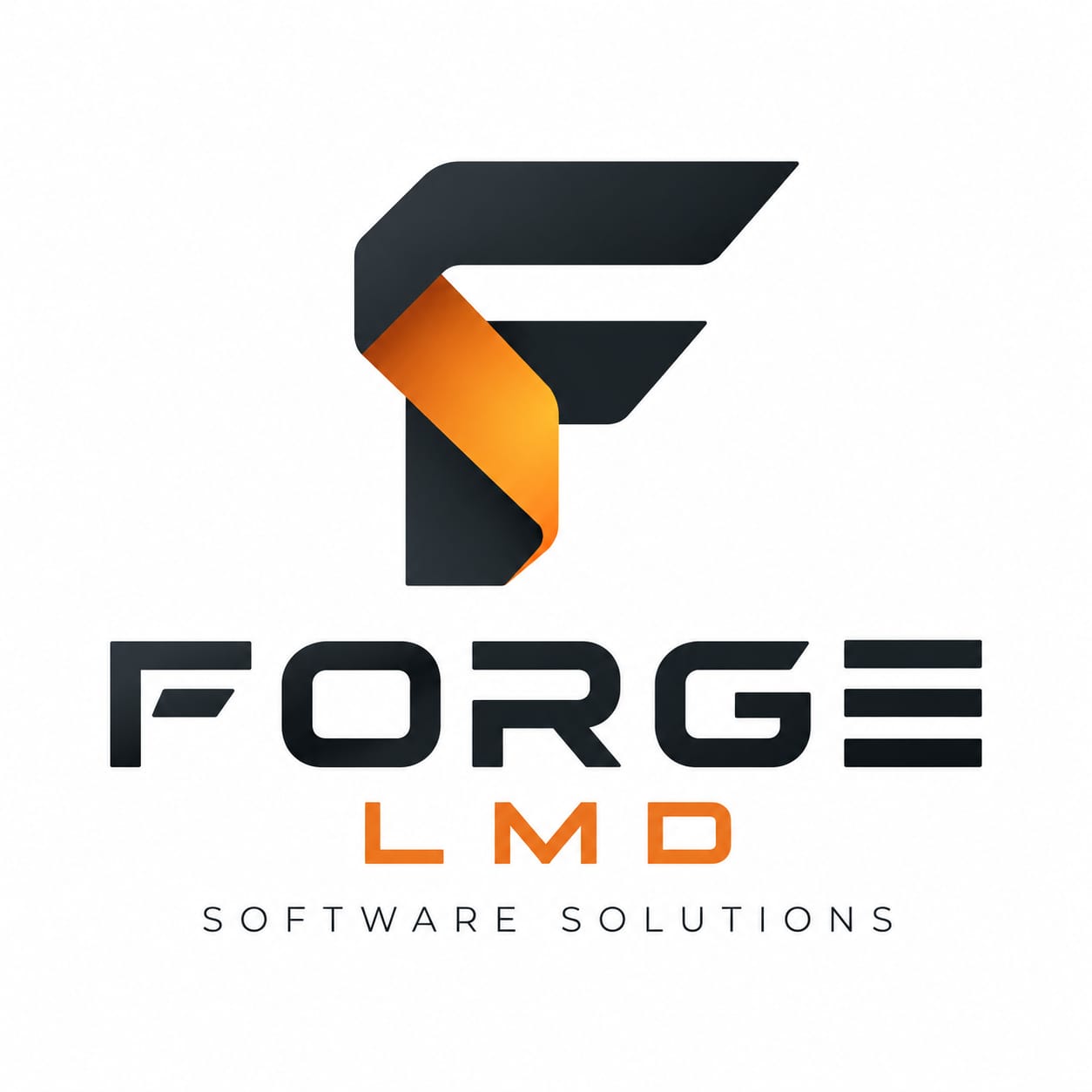 Logo original de Forge LMD: F plegada en carbón y naranja, FORGE LMD y Software Solutions
